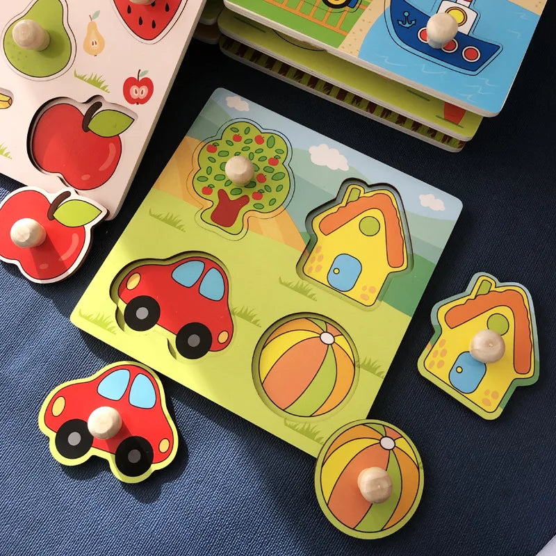 Kids Hand Grab Board 3D Puzzle Wooden Toys For Children Cartoon Animal Wood Jigsaw Puzzle Toddler Early Learning Educational Toy