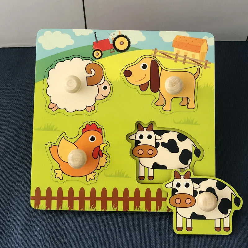 Kids Hand Grab Board 3D Puzzle Wooden Toys For Children Cartoon Animal Wood Jigsaw Puzzle Toddler Early Learning Educational Toy