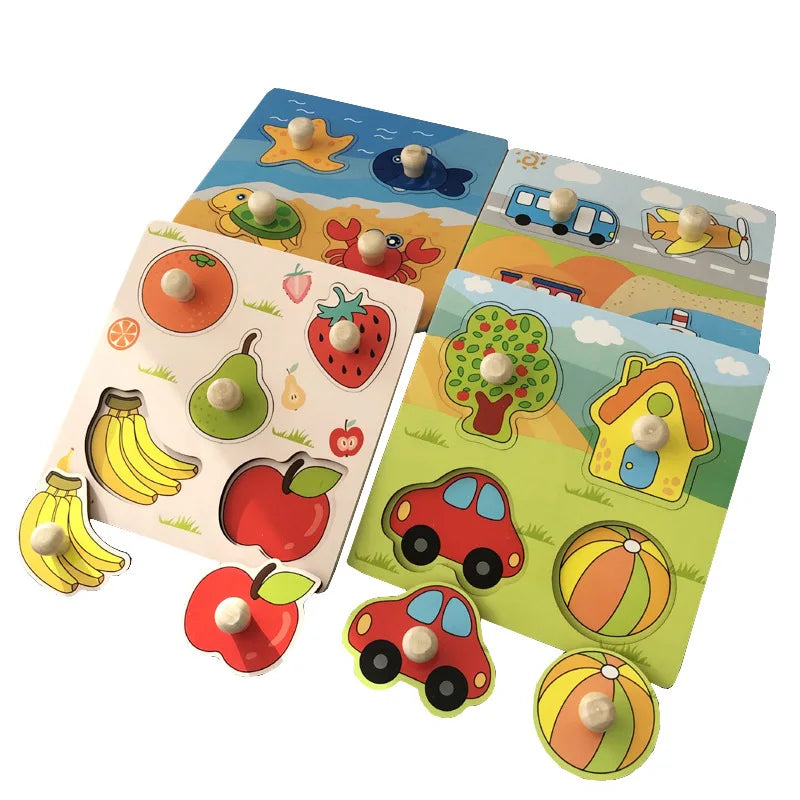 Kids Hand Grab Board 3D Puzzle Wooden Toys For Children Cartoon Animal Wood Jigsaw Puzzle Toddler Early Learning Educational Toy