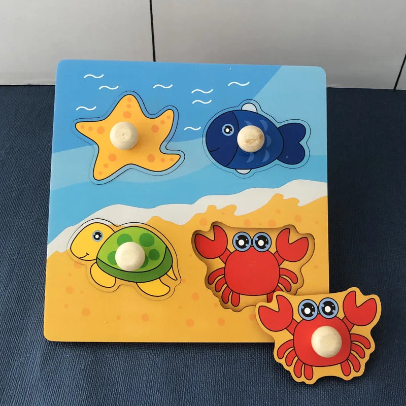 Kids Hand Grab Board 3D Puzzle Wooden Toys For Children Cartoon Animal Wood Jigsaw Puzzle Toddler Early Learning Educational Toy