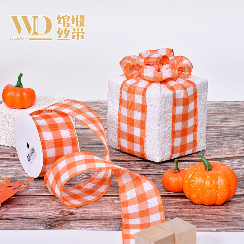 Thanksgiving Ribbon Bow Accessories Cross-Border Wholesale Gift Box Packaging Hair Accessories Autumn Harvest Plaid Ribbon Webbing
